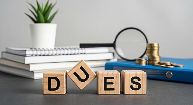 Wooden blocks spelling DUES in a financial setting with coins and magnifying glass symbolizing financial obligations and scrutiny creating a serious and analytical mood for business and accounting con photo