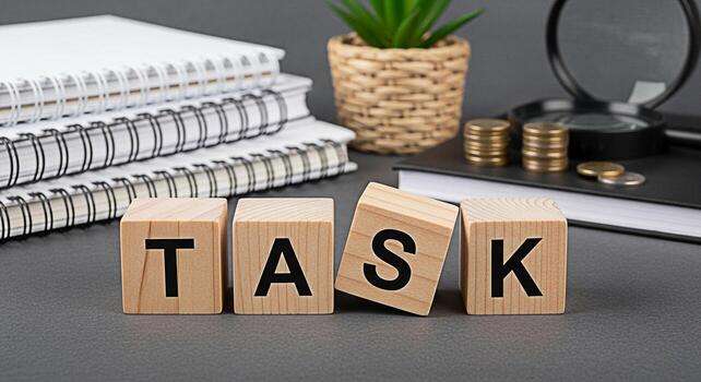 Wooden blocks spelling TASK on a gray desk with notebooks coins and a magnifying glass representing focus and productivity in a professional environment for achieving goals photo