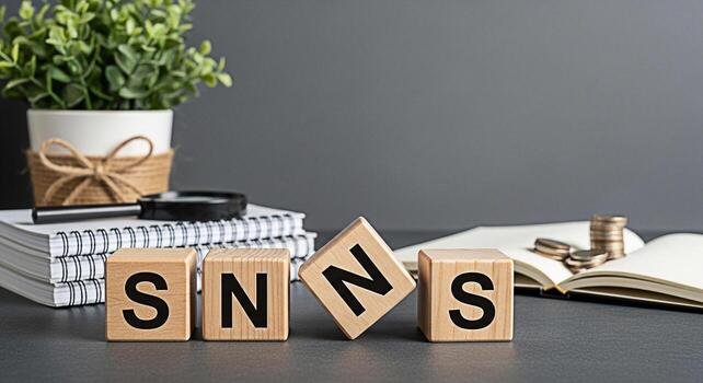 Wooden blocks spelling SNS on a desk with notebooks coins and a plant symbolizing social networking and media strategy in a modern organized workspace conveying a sense of planning and connection photo