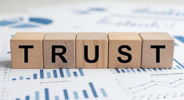 Wooden blocks spelling TRUST on financial charts symbolizing reliability and confidence in business analytics and investment strategies for longterm success and building strong relationships photo