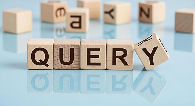 Wooden blocks spelling QUERY on a reflective blue surface symbolizing information retrieval and search engine optimization in a modern minimalist setting conveying precision and analytical thinking photo