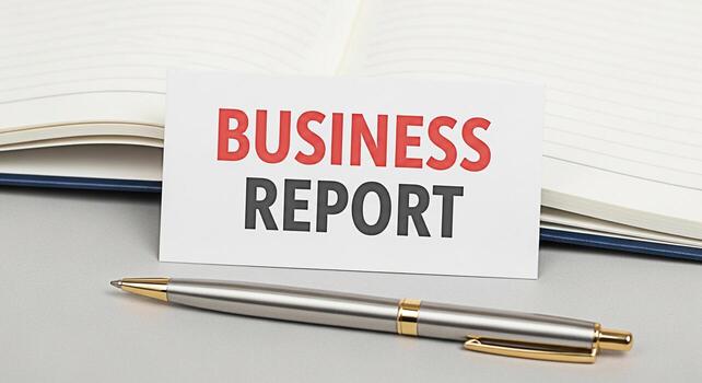 Closeup of a business report card placed on an open notebook with a pen on a gray surface representing financial analysis corporate strategy and datadriven decisionmaking in a professional setting photo