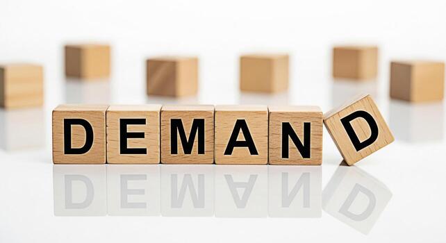 Wooden blocks spelling DEMAND on a white reflective surface representing market needs and economic principles in a simple conceptual and visually engaging way highlighting the importance of understand photo