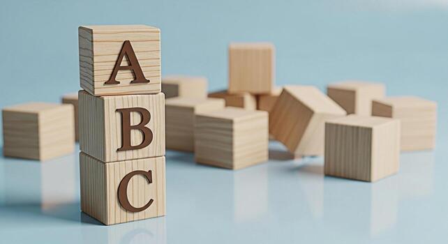 Stacked wooden alphabet blocks displaying ABC on a light blue surface symbolizing early childhood education and learning the basics in a playful and engaging environment fostering creativity and devel photo