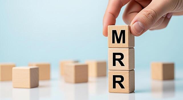 Hand stacking wooden blocks with MRR letters on a bright surface representing Monthly Recurring Revenue a key performance indicator for business growth and financial planning conveying a sense of stra photo