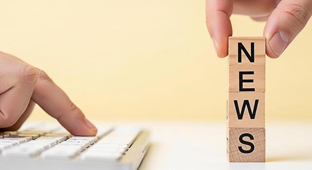 Human hands interacting with wooden blocks spelling NEWS while typing on a keyboard in a bright studio conveying information and the latest updates with a focus on digital media and communication photo