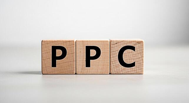 Wooden blocks displaying PPC on a neutral surface representing payperclick advertising and online marketing strategies for business growth and successful digital campaigns in a modern setting photo