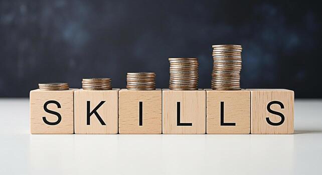 pilas de monedas creciente en de madera bloques ortografía habilidades en contra un oscuro fondo representando crecimiento inversión y el importancia de desarrollando habilidades para financiero éxito y carrera avance foto