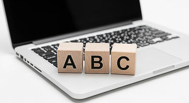 Wooden alphabet blocks displaying ABC on a laptop in a bright studio symbolizing education learning and the basics of computer literacy in a modern minimalist setting for online courses photo