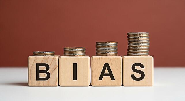 Wooden blocks spelling BIAS each topped with increasing stacks of coins symbolizing growing prejudice and unfairness in financial decisions and investment strategies set against a neutral background photo