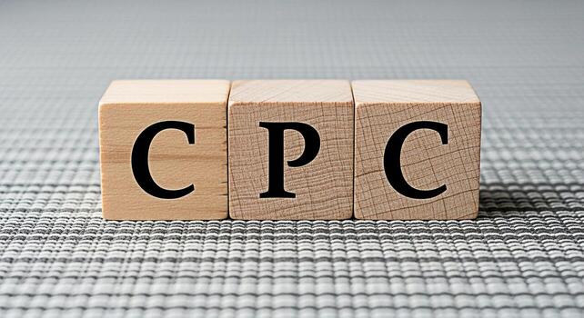 Wooden blocks displaying CPC on a textured gray surface representing cost per click advertising and marketing strategies for online business growth and success in a competitive digital environment photo
