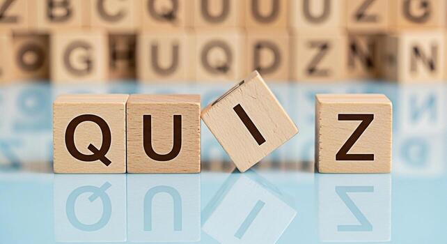 Wooden blocks spelling out QUIZ on a reflective surface creating a playful and educational atmosphere ideal for testing knowledge and engaging in trivia games fostering a sense of intellectual curiosi photo