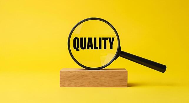 Magnifying glass inspecting the word Quality on a wooden block against a vibrant yellow background symbolizing precision excellence and a commitment to high standards in business and product developme photo