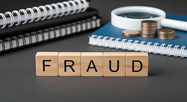 Wooden blocks spelling FRAUD on a desk with notebooks and coins representing financial crime investigation and the concept of detecting and preventing fraudulent activities in a business setting photo