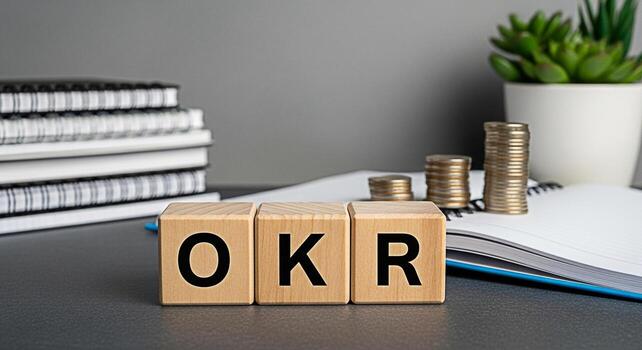Wooden blocks displaying OKR on a desk with stacked notebooks coins and a potted succulent representing objectives and key results in a business environment symbolizing goal setting and achievement photo