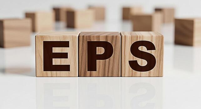 Wooden blocks spelling EPS on a reflective white surface representing earnings per share in a financial context symbolizing business performance and investment analysis with a clean and minimalist aes photo