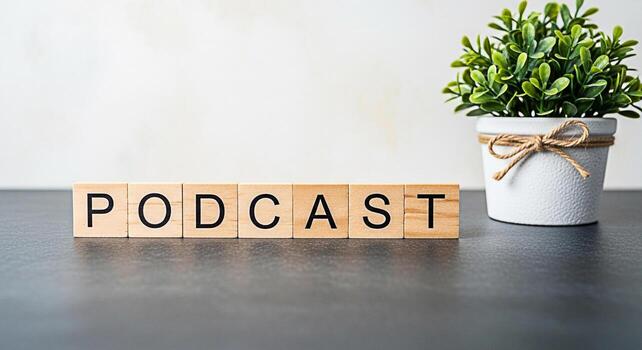 Wooden blocks spelling PODCAST displayed on a table next to a potted plant symbolizing the creation of engaging audio content in a modern and minimalist setting conveying a sense of creativity and ins photo