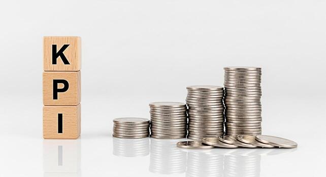 Wooden blocks displaying KPI next to stacks of coins on a white surface representing key performance indicators and financial growth in a business setting symbolizing success and achievement photo