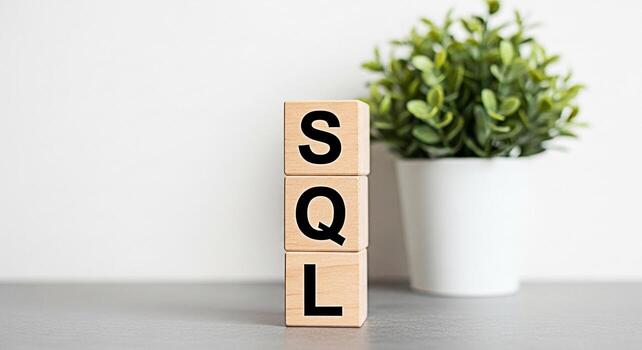 Wooden blocks spelling SQL on a gray surface with a potted plant representing database management and structured query language in a clean modern office environment conveying a sense of organization a photo