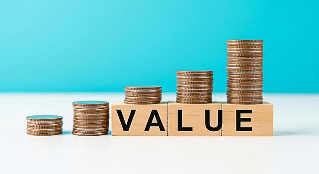 Stacks of coins increasing in height on wooden blocks spelling VALUE against a light blue backdrop representing financial growth investment and the increasing value of assets in a stable economic envi photo