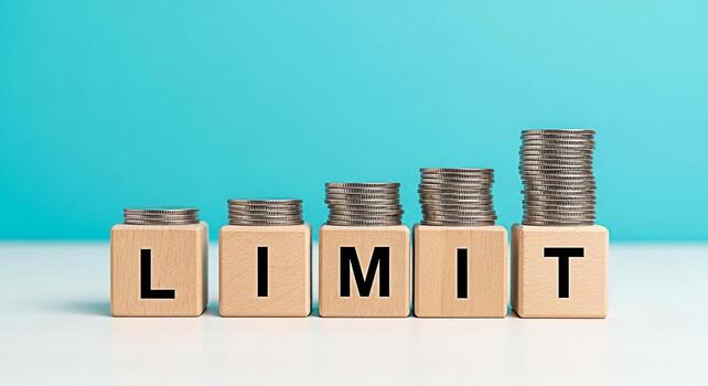 Stacks of coins increasing on wooden blocks spelling LIMIT on a white surface against a blue background representing financial restrictions investment growth and the concept of setting boundaries photo