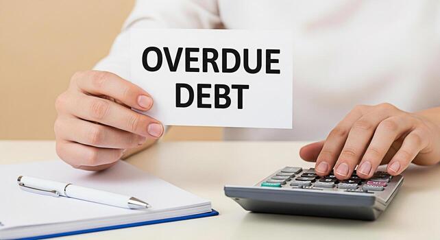Person calculating overdue debt on a calculator in a bright office setting representing financial stress and the urgency of managing payments to avoid further financial burden and maintain credit heal photo