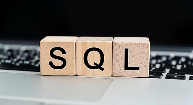 Wooden blocks spelling SQL resting on a laptop keyboard in a closeup shot representing database management data analysis and the importance of structured query language in modern technology photo
