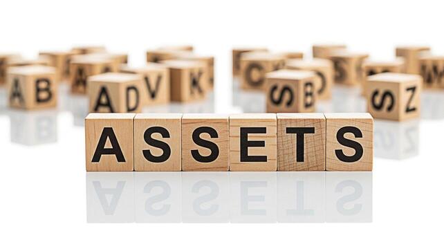 Wooden blocks spelling ASSETS on a reflective white surface representing financial security and investment conveying a sense of stability and wealth management in a clean minimalist setting photo