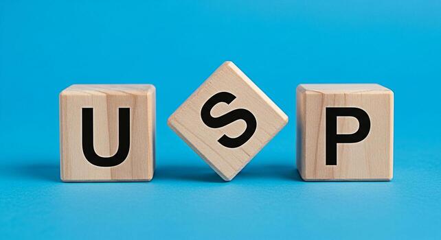 de madera bloques mostrando usp en un azul antecedentes representando único de venta proposición un llave márketing concepto para negocio éxito y competitivo ventaja en un sencillo y claro visual foto