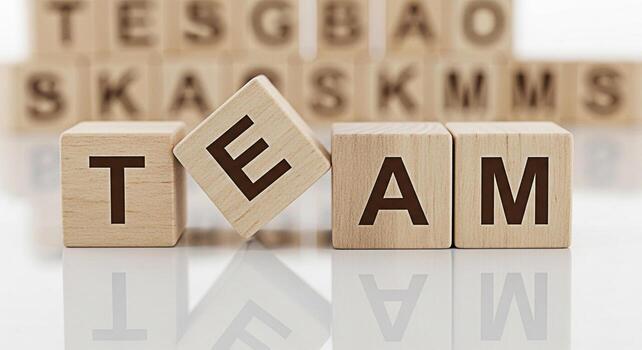 de madera bloques ortografía equipo en un reflexivo superficie simbolizando colaboración y unidad en un brillante estudio ajuste transporte un mensaje de trabajo en equipo y éxito mediante cooperación y compartido metas foto