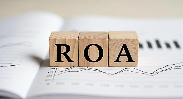 Wooden blocks spelling ROA resting on a financial chart in a brightly lit office representing Return on Assets and financial performance conveying a sense of business analysis and investment strategy photo