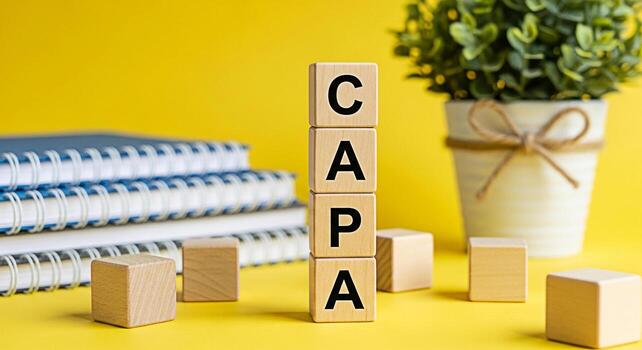 Wooden blocks spelling CAPA standing tall on a bright yellow surface with notebooks and a potted plant symbolizing corrective action and preventive action for continuous improvement and quality assura photo