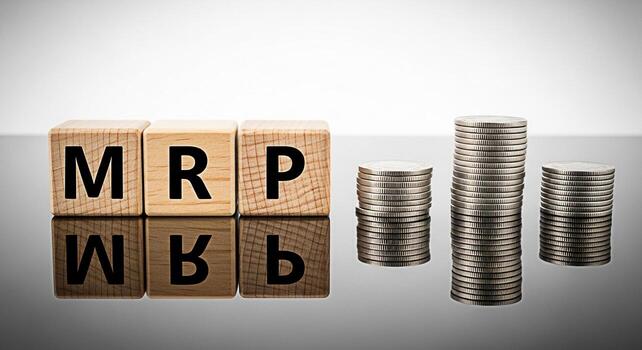 Wooden blocks spelling MRP next to stacks of coins on a reflective surface representing the concept of Maximum Retail Price and financial planning in a business setting conveying a sense of investment photo