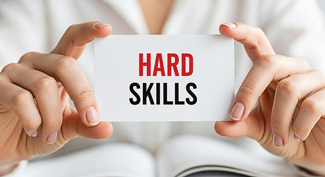 Closeup of hands holding a card with the words HARD SKILLS in red and black emphasizing the importance of technical abilities and expertise in a professional setting conveying a message of competence photo
