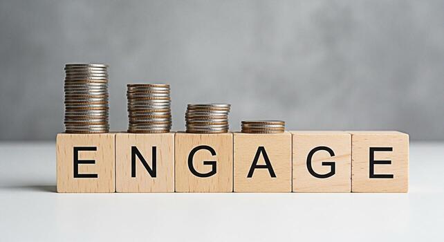 Stacks of coins decreasing on wooden blocks spelling ENGAGE against a gray background representing reduced engagement declining investment or diminishing returns in a simple conceptual and minimalist photo
