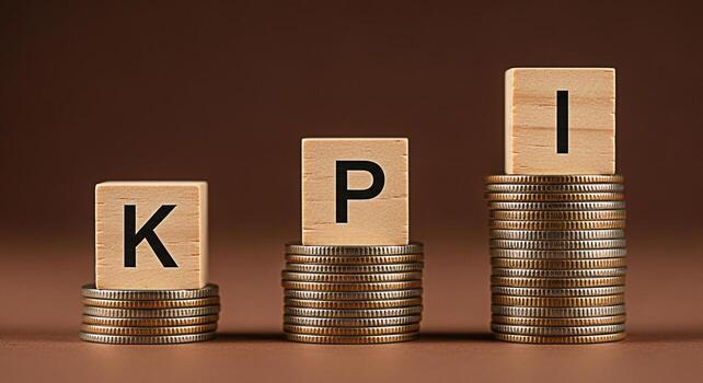Wooden blocks displaying KPI on stacks of coins in a financial setting representing key performance indicators and business growth conveying a sense of achievement and success in meeting targets photo