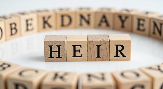 Wooden blocks spelling HEIR surrounded by other lettered blocks on a white surface representing inheritance legacy and succession planning in a clean and minimalist setting photo