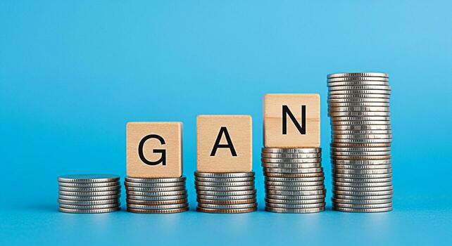 Stacks of coins displaying GAN on wooden blocks symbolizing financial growth and investment strategies in a stable economic environment conveying a sense of optimism and prosperity photo