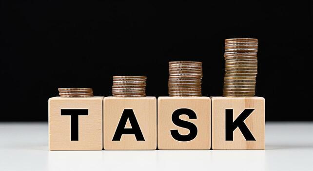 Stacks of coins growing incrementally on wooden blocks spelling TASK against a dark background symbolizing project milestones and financial growth conveying a sense of achievement and progress photo