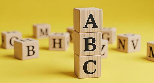 Stacked wooden alphabet blocks displaying A B and C on a bright yellow background symbolizing early childhood education and the joy of learning the basics in a playful and engaging environment photo