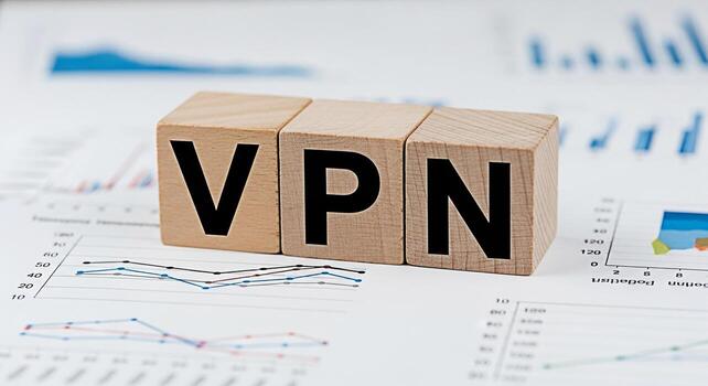 Wooden blocks displaying VPN on financial charts symbolizing secure data transfer and online privacy in a business environment conveying trust and protection for sensitive information photo