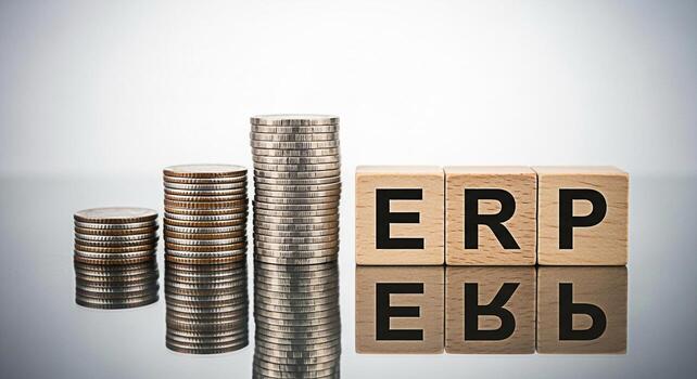 Stacks of coins and wooden blocks spelling ERP on a reflective surface symbolizing business growth and enterprise resource planning in a financial setting conveying success and strategic management photo