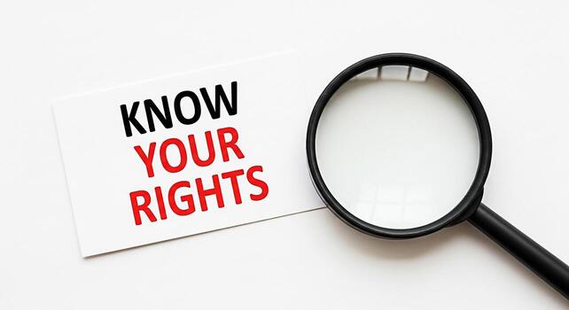 Magnifying glass focusing on a card with the message Know Your Rights on a white surface emphasizing awareness and legal empowerment in a minimalist and informative setting photo