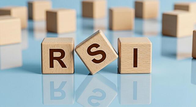 Wooden blocks displaying RSI on a reflective blue surface representing the Relative Strength Index in financial analysis conveying a sense of precision and market awareness in a modern setting photo