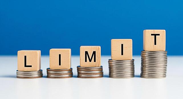 Wooden blocks spelling LIMIT stacked on increasing piles of coins against a blue background representing financial constraints budget limitations and the concept of setting boundaries for spending and photo