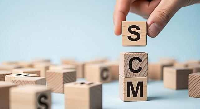 Hand arranging wooden blocks spelling SCM on a blue surface representing supply chain management strategy and optimization in a business environment conveying efficiency and organization photo