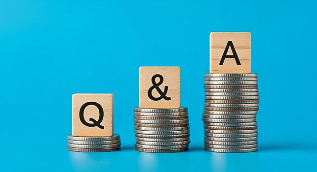 Wooden blocks displaying Q and A symbols stacked on piles of coins against a vibrant blue background representing questions answers and financial concepts like investment and growth photo