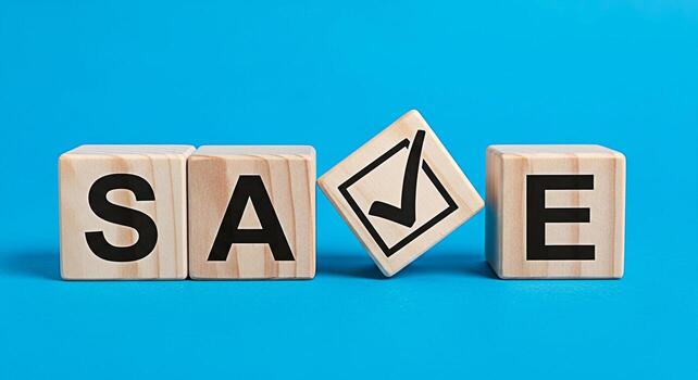 Wooden blocks spelling SAFE with a checkmark block on a vibrant blue background representing security approval and assurance in a clean and modern setting conveying trust and reliability photo