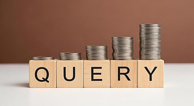 Stacks of coins increasing on wooden blocks spelling QUERY against a brown backdrop representing financial growth investment queries and the concept of seeking financial information and solutions photo