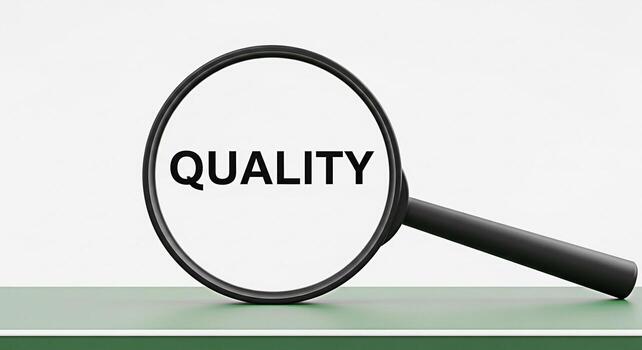 Magnifying glass focusing on the word Quality in a minimalist setting emphasizing importance and attention to detail conveying a message of high standards and thorough examination on a green surface photo